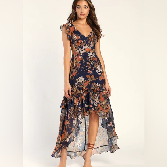 Lulus Dresses & Skirts - lulus Stunning Favorite Navy Blue Floral Ruffled High-Low Maxi Dress